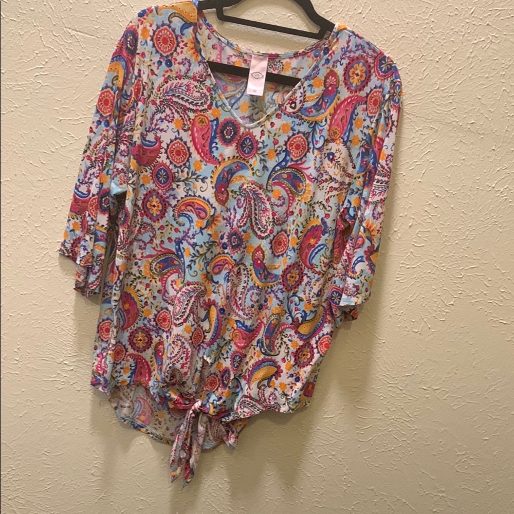 PINK Victoria's Secret Blue Red Tie Front 3/4 Sleeve Blouse M